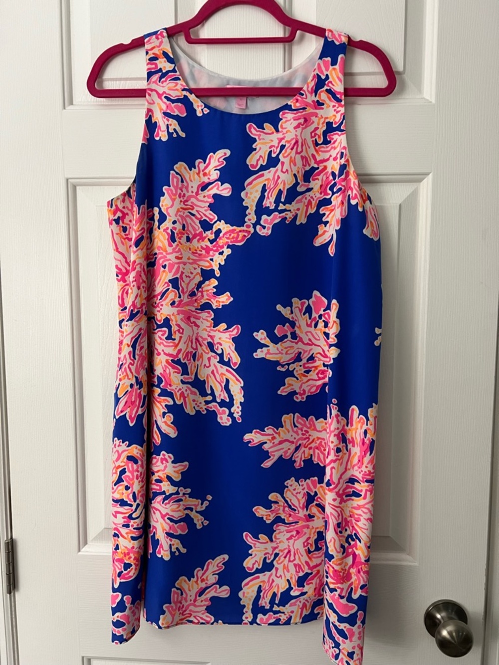 Lily Pulitzer Jackie Silk Lined Shift Dress Pink Electric Blue Coral size Medium